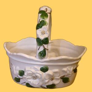 Napcoware Embossed Raised Relief Magnolia Flowers Ceramic Handled Basket Planter